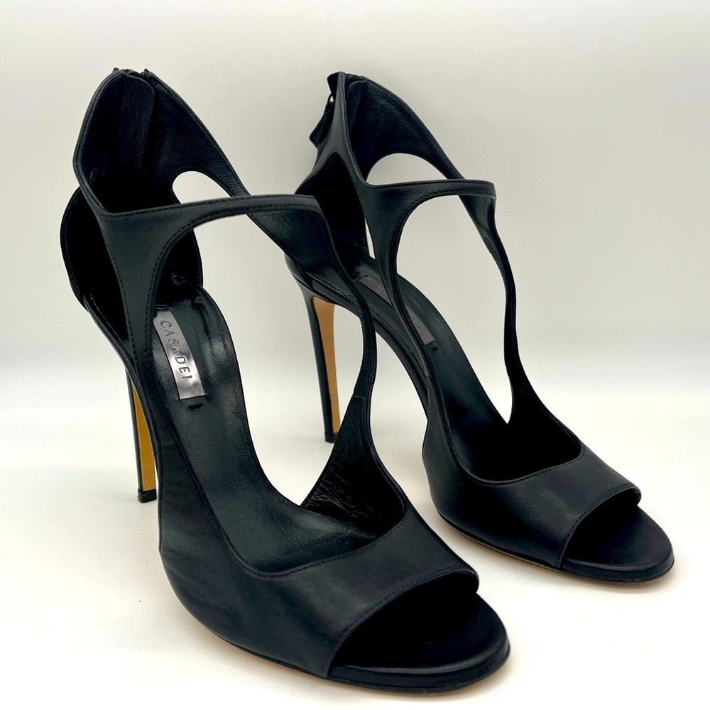 Casadei - Black Nappa Leather Open Toe Heels - Cut Out Design & Zipper Closure - Picture 4 of 11